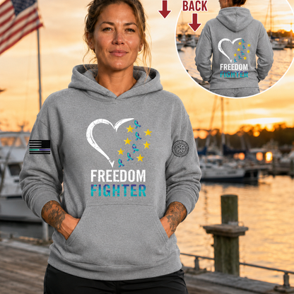 Nautical Salute Freedom Fighter District Perfect Weight Fleece Hoodie in Grey on marina sunset mockup for Nautical Salute