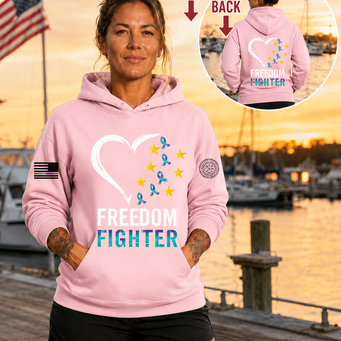 Nautical Salute Freedom Fighter District Perfect Weight Fleece Hoodie in Light Pink on marina sunset mockup for Nautical Salute