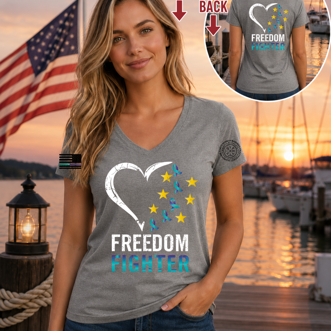 Nautical Salute Heart Freedom Fighter grey District Women’s Perfect Weight V-Neck Tee mockup showing front back placement on marina sunset background