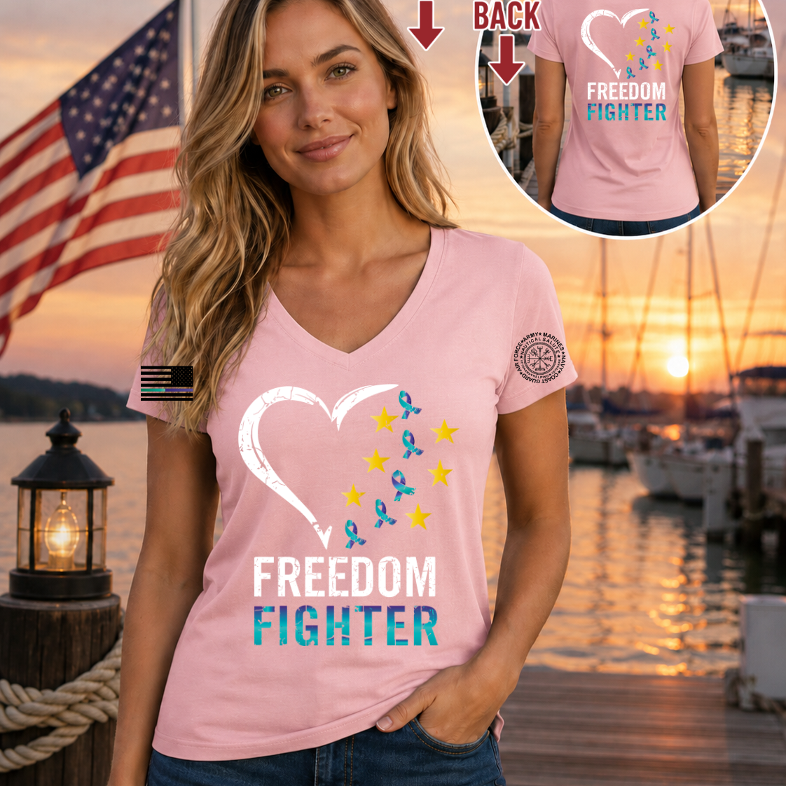Nautical Salute Heart Freedom Fighter light pink District Women’s Perfect Weight V-Neck Tee mockup showing front back placement on marina sunset background