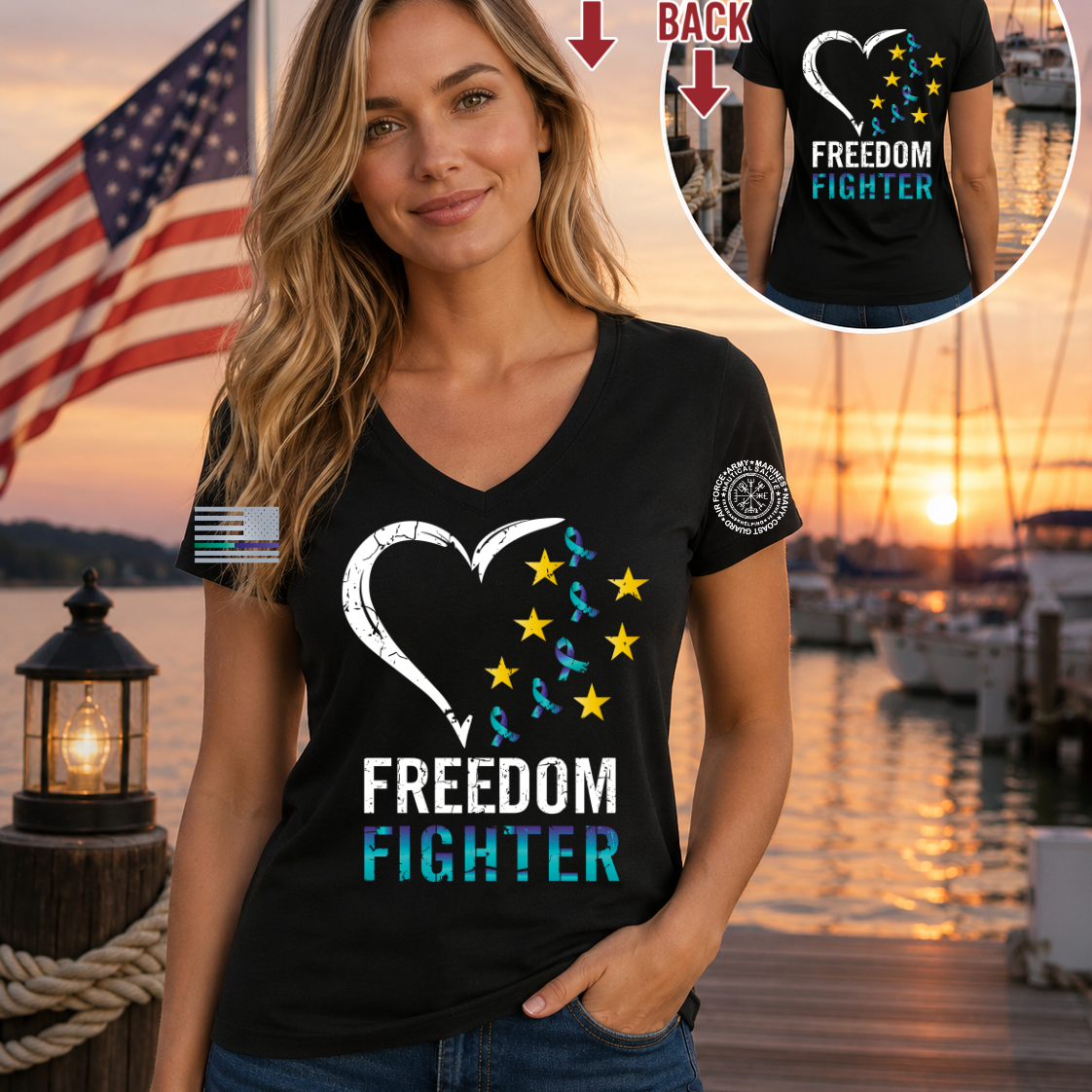 Nautical Salute  Freedom Fighter District Women’s Perfect Weight V-Neck Tee