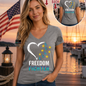 Nautical Salute Heart Freedom Fighter grey District Women’s Perfect Weight V-Neck Tee mockup showing front back placement on marina sunset background