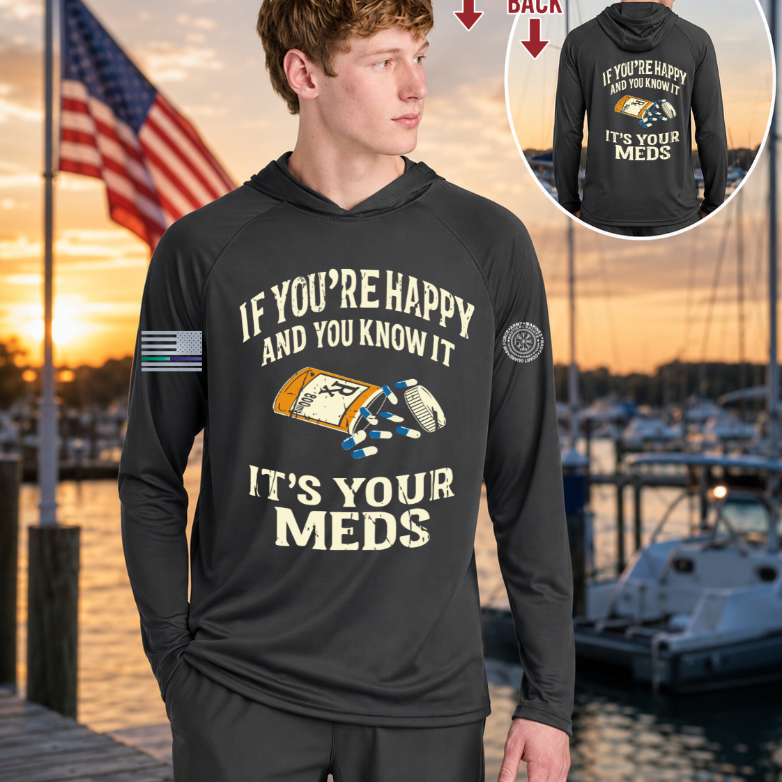 Nautical Salute It’s Your Meds charcoal A4 Cooling Performance Long Sleeve Hooded Tee mockup showing front back placement on marina sunset background