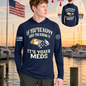 Nautical Salute It’s Your Meds navy A4 Cooling Performance Long Sleeve Hooded Tee mockup showing front back placement on marina sunset background