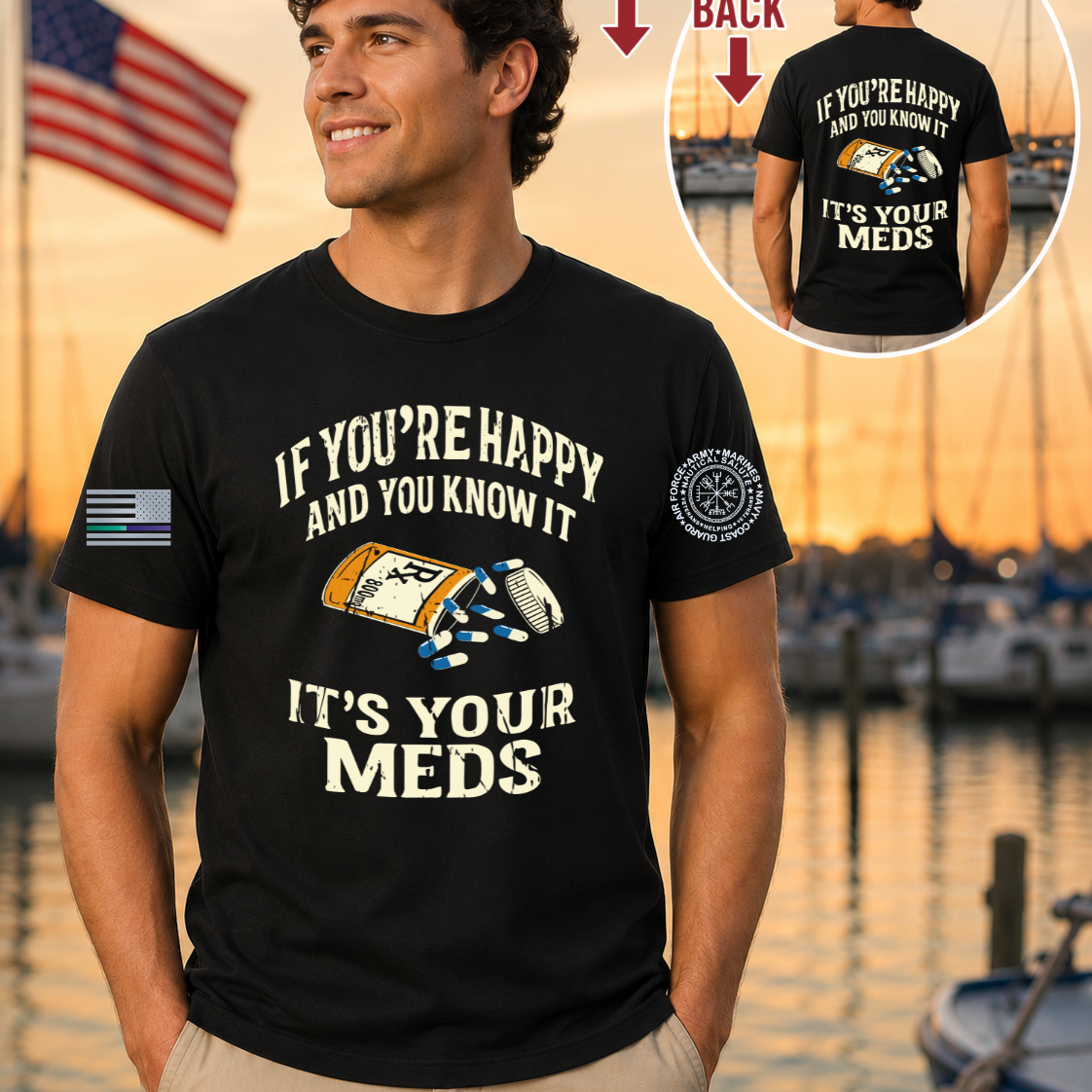 Nautical Salute It’s Your Meds black District Perfect Tri Tee mockup showing front back placement on marina sunset background