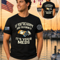 Nautical Salute It’s Your Meds black District Perfect Tri Tee mockup showing front back placement on marina sunset background