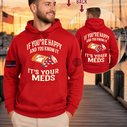 Nautical Salute It’s Your Meds red District Perfect Weight Fleece Hoodie mockup showing front back placement on marina sunset background