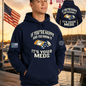 Nautical Salute It’s Your Meds navy District Perfect Weight Fleece Hoodie mockup showing front back placement on marina sunset background