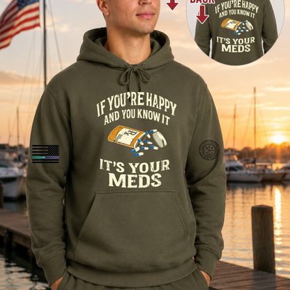Nautical Salute It’s Your Meds army green District Perfect Weight Fleece Hoodie mockup showing front back placement on marina sunset background