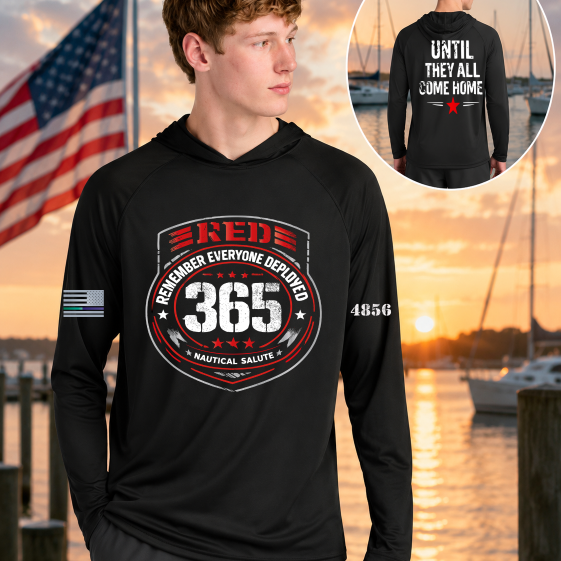 Nautical Salute RED 365 black A4 Cooling Performance Long Sleeve Hooded Tee mockup showing front back placement on marina sunset background