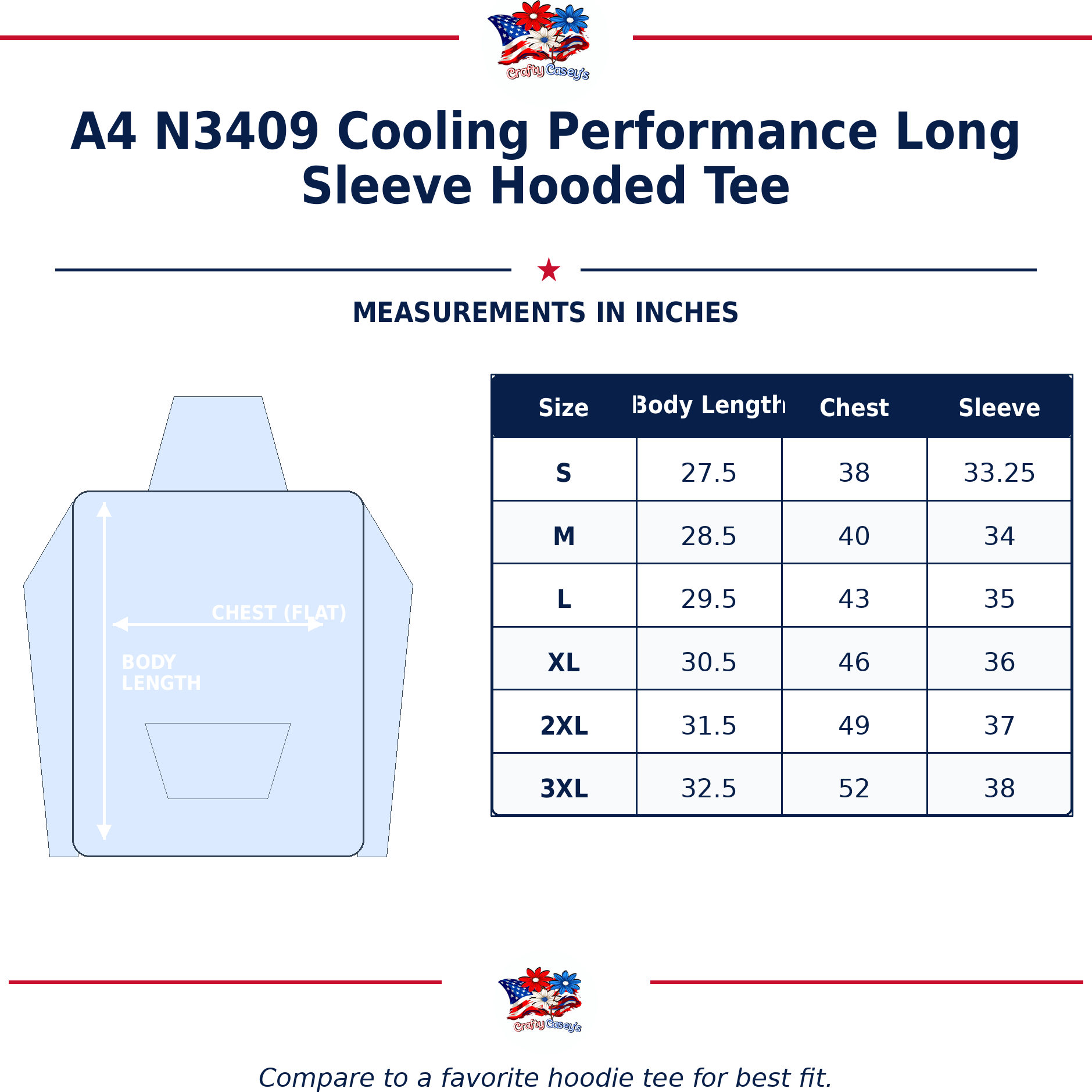 Size chart for Nautical Salute Tired Vet Green A4 Cooling Performance Long Sleeve Hooded Tee