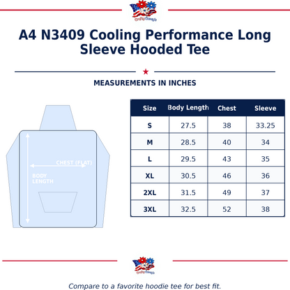 Size chart for Nautical Salute Tired Vet Green A4 Cooling Performance Long Sleeve Hooded Tee