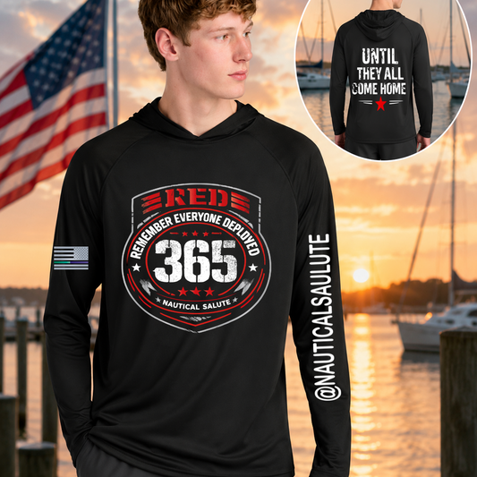 Nautical Salute RED 365 black A4 Cooling Performance Long Sleeve Hooded Tee mockup showing front back placement on marina sunset background