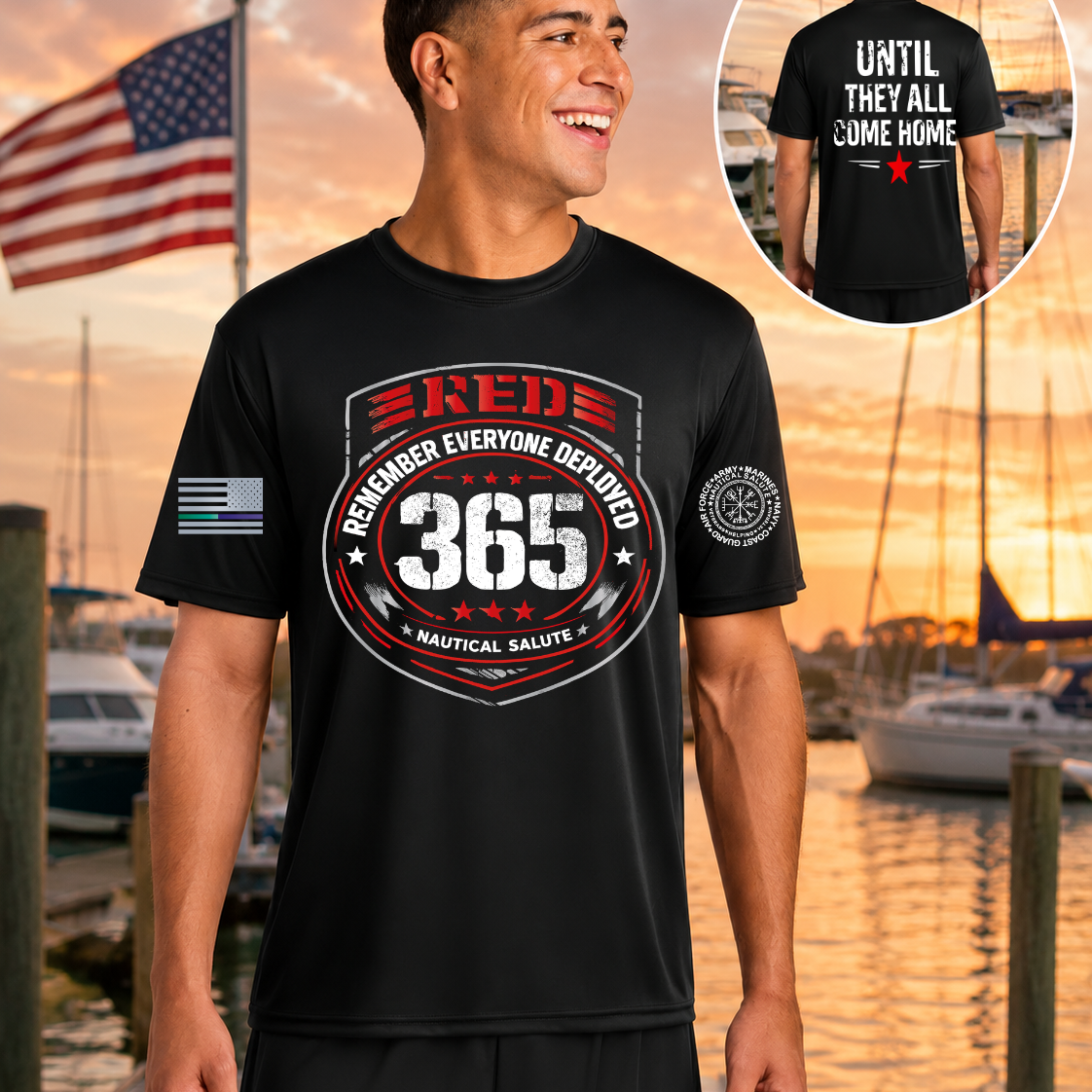 Nautical Salute RED 365 black A4 Cooling Performance Short Sleeve Tee mockup showing front back placement on marina sunset background