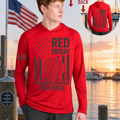 Red hoodie with 'RED FRIDAY' text and American flag design worn by a person, with a scenic background.
