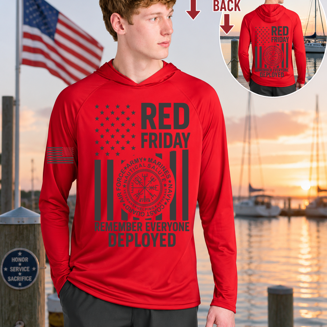 Nautical Salute RED Friday red A4 Cooling Performance Long Sleeve Hooded Tee mockup showing front back placement on marina sunset background