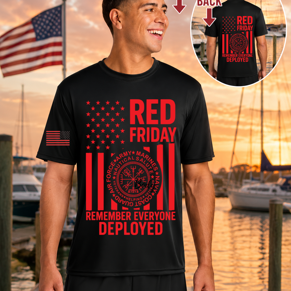 Man wearing a black t-shirt with 'Red Friday' and 'Remember Everyone Deployed' text at a dock.