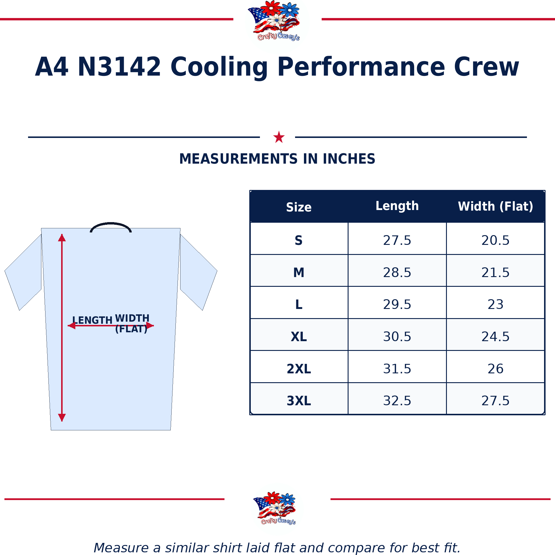Size chart for Nautical Salute Tired Vet Green A4 Cooling Performance Short Sleeve Tee
