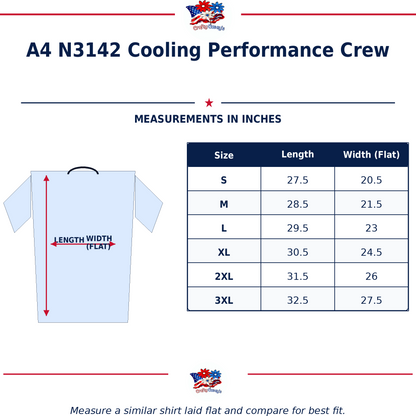 Size chart for Nautical Salute Tired Vet Green A4 Cooling Performance Short Sleeve Tee