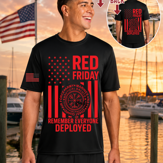 Nautical Salute RED Friday black A4 Cooling Performance Short Sleeve Tee mockup showing front back placement on marina sunset background