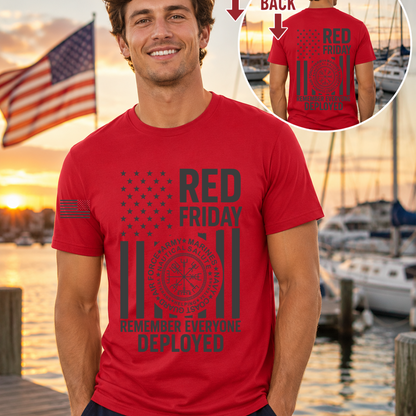 Man wearing a red t-shirt with 'Red Friday' and 'Remember Everyone Deployed' text, with an American flag in the background.