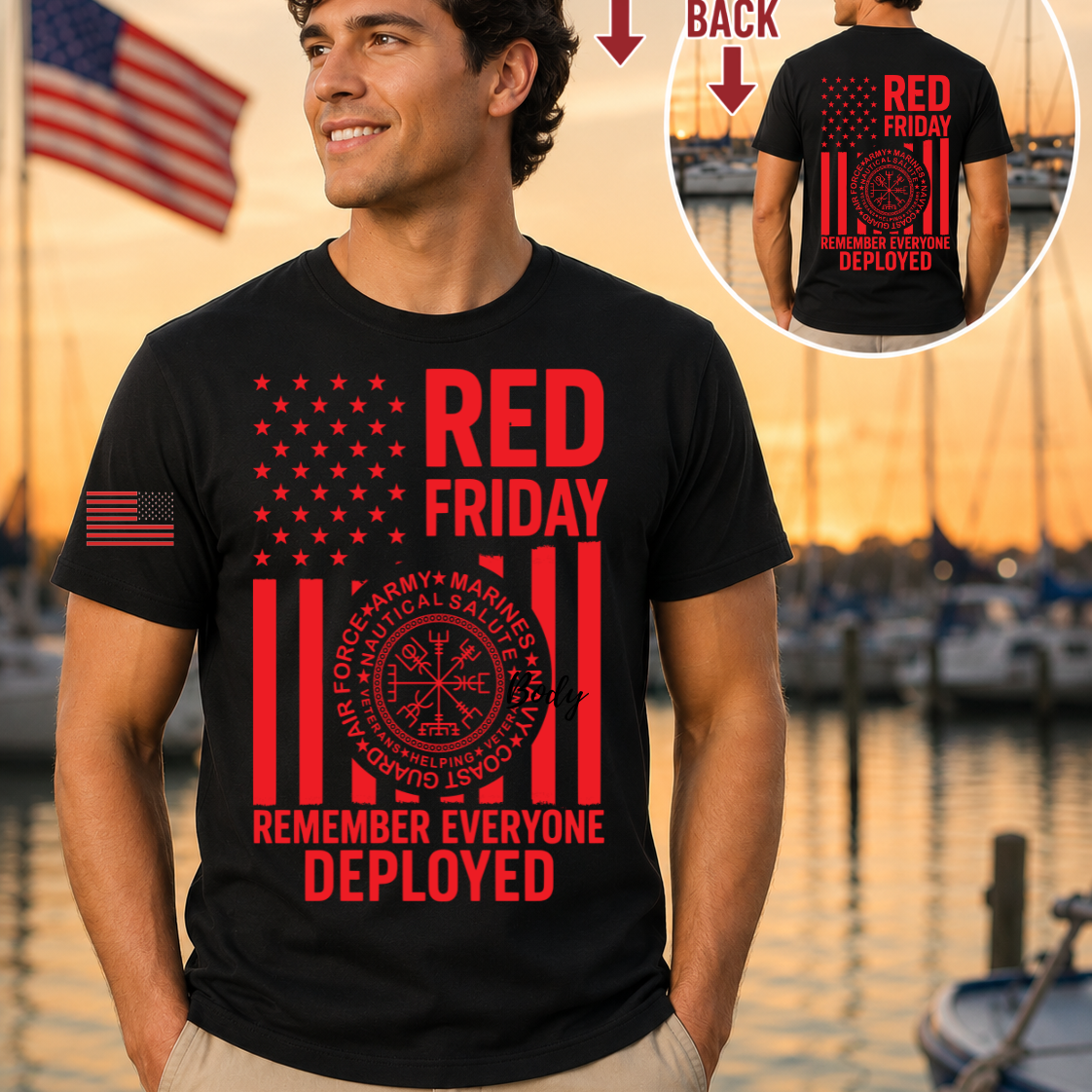 Nautical Salute RED Friday black District Perfect Tri Tee mockup showing front back placement on marina sunset background