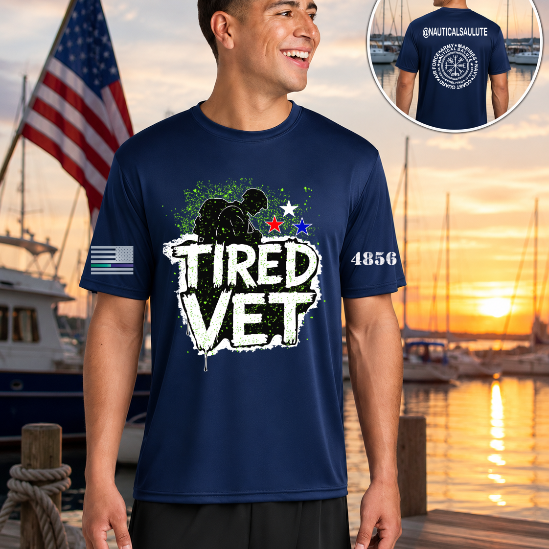 Nautical Salute Tired Vet navy A4 Cooling Performance Short Sleeve Tee mockup showing front back placement on marina sunset background