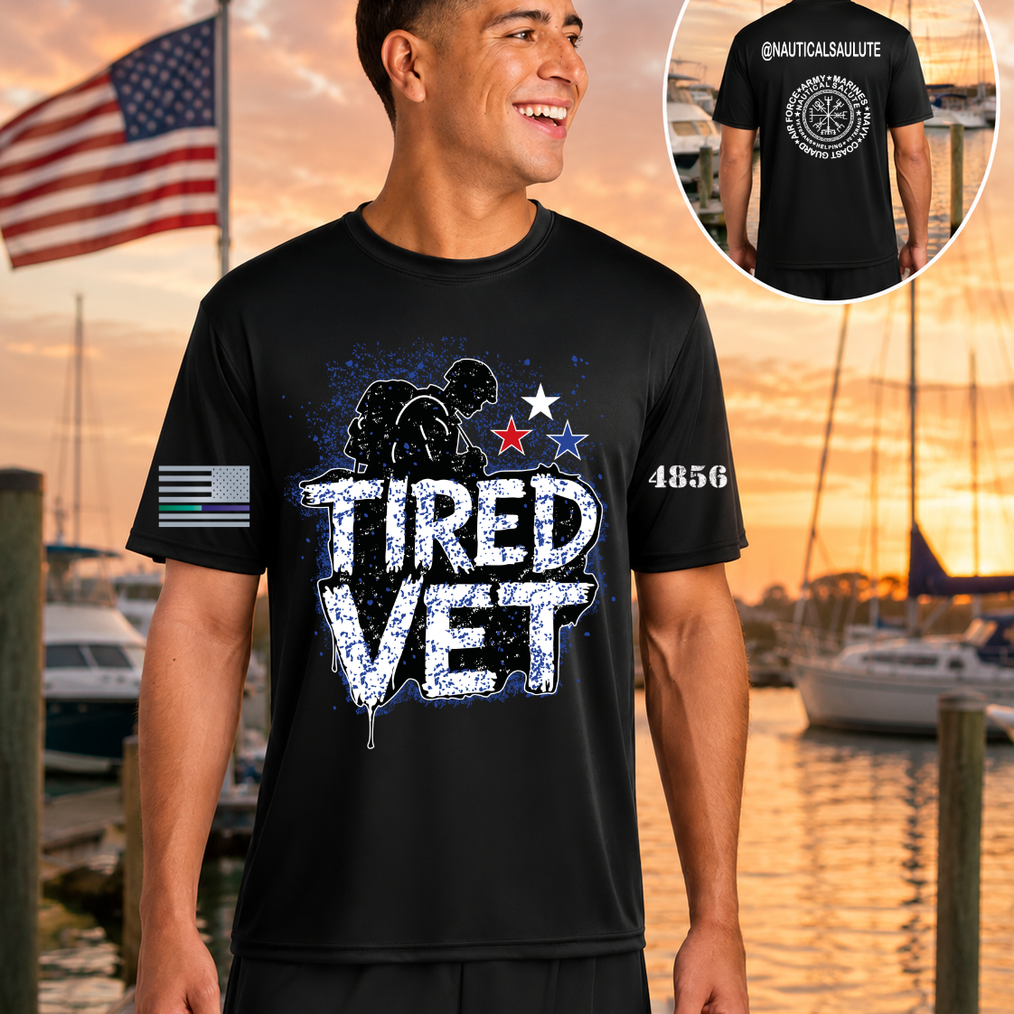 Nautical Salute Tired Vet Blue A4 Cooling Performance Short Sleeve Tee in Black on marina sunset mockup for Nautical Salute