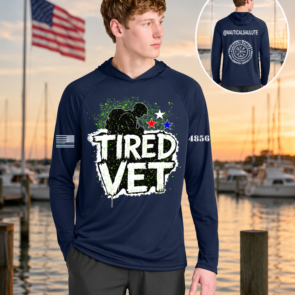 Nautical Salute Tired Vet navy A4 Cooling Performance Long Sleeve Hooded Tee mockup showing front back placement on marina sunset background