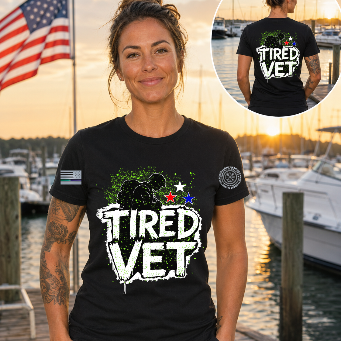 Woman wearing a 'TIRED VET' t-shirt with a marina background