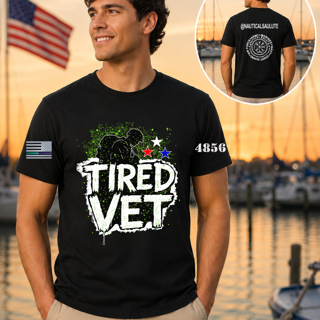 Man wearing a black t-shirt with 'TIRED VET' design by a marina.