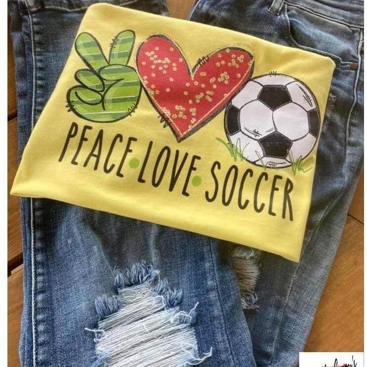 Crafty Casey's Apparel-Woman's-Activewear-Unisex-T-Shirts S / Heather Yellow Peace Love Soccer  - Unisex T-shirts