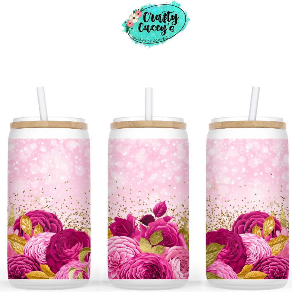 Pink Gold Leaf Red Roses Beer Can Glasses