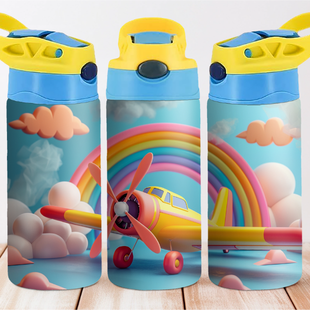 Rainbow Airplane 12 oz Water Bottle Flip Top W/S