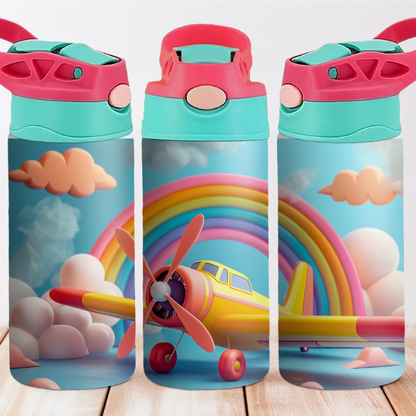 Rainbow Airplane 12 oz Water Bottle Flip Top W/S