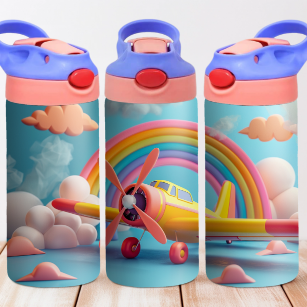 Rainbow Airplane 12 oz Water Bottle Flip Top W/S