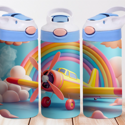 Rainbow Airplane 12 oz Water Bottle Flip Top W/S