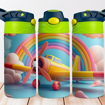 Rainbow Airplane 12 oz Water Bottle Flip Top W/S