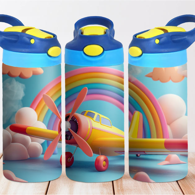 Rainbow Airplane 12 oz Water Bottle Flip Top W/S