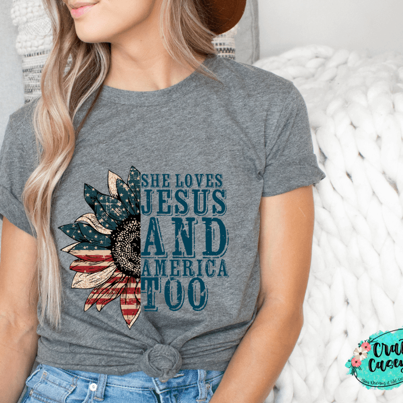 She Loves Jesus & America Too-Patriotic Sunflower Tee