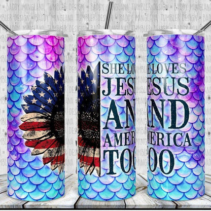 She Loves Jesus & America Too Sunflower Flag Tumbler