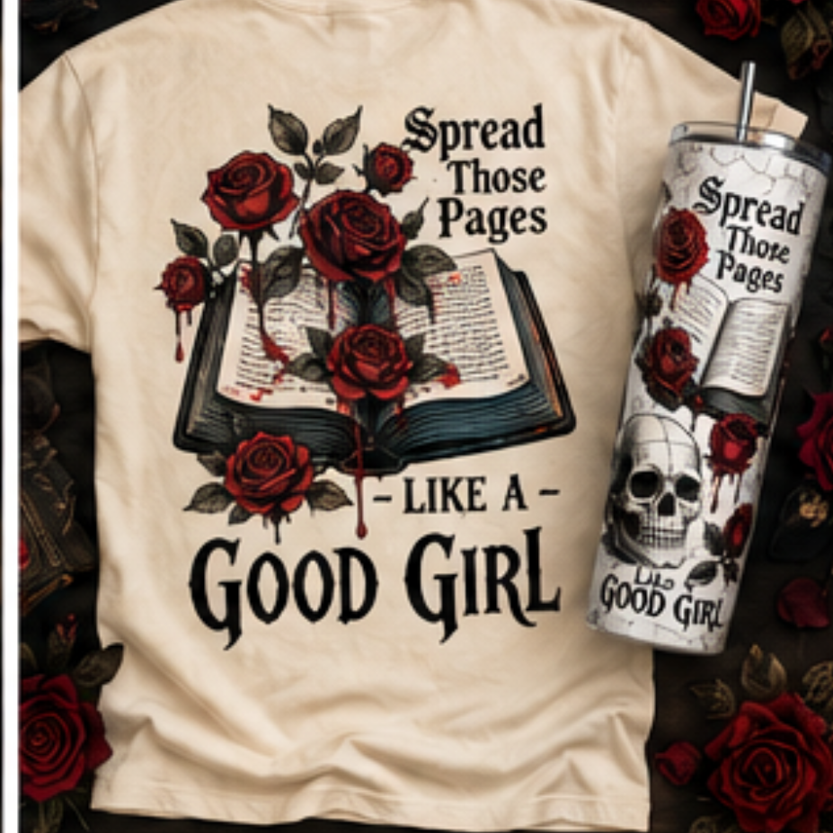 Collage of Gothic-themed merchandise including t-shirts, hoodies, tumblers, and a tumbler bundle with text 'Spread Those Pages Like a Good Girl'.