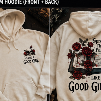 Collection of 'Like a Good Girl' merchandise including t-shirts, hoodies, and tumblers with gothic design elements.