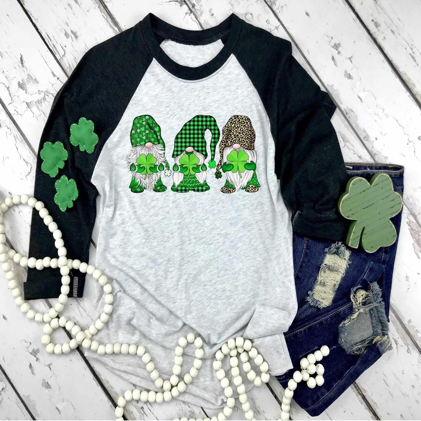 St. Patrick's Day Gnomes Leopard - 3/4 Sleeve Raglan