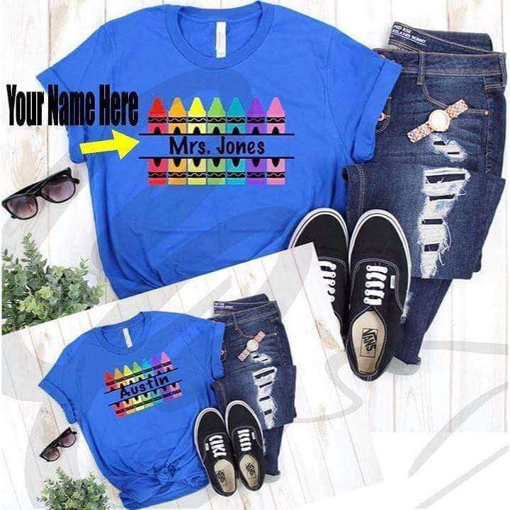 Crafty Casey's Teacher/Back To School T-shirts 6/8 / Royal Blue / Short Sleeve Personalized With Name Crayon Teacher/Youth School Graphic /Adult & Youth T-shirts
