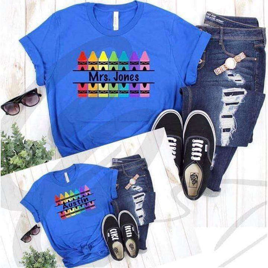 Crafty Casey's Teacher/Back To School T-shirts Personalized With Name Crayon Teacher/Youth School Graphic /Adult & Youth T-shirts