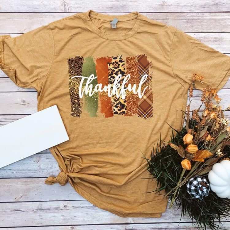 Crafty Casey's Thanksgiving Women's Unisex Tee's S / Heather Mustard Thankful Leopard Cheetah Brush Stroke-Thanksgiving-Unisex T-shirts