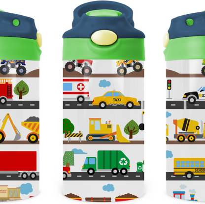 Trains, Planes, Automobiles kids 12 oz Water Bottle Flip Top