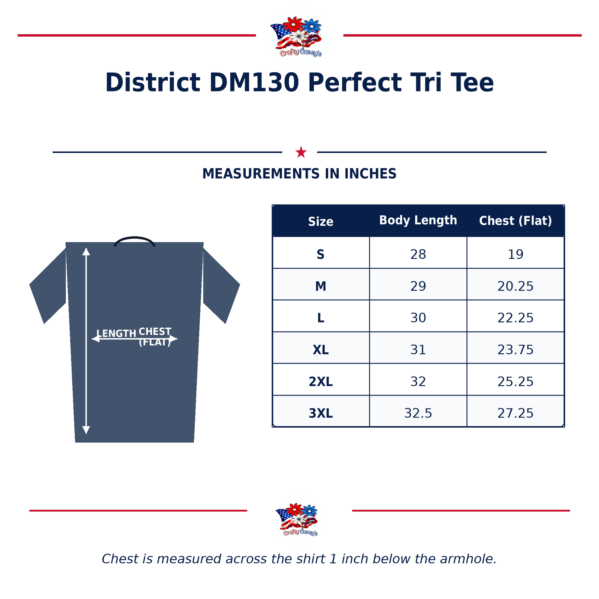Size chart for Nautical Salute Tired Vet Green District Perfect Tri Tee